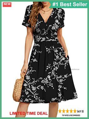 Womens Summer Short Sleeve V-Neck Floral Casual Dress with Pockets